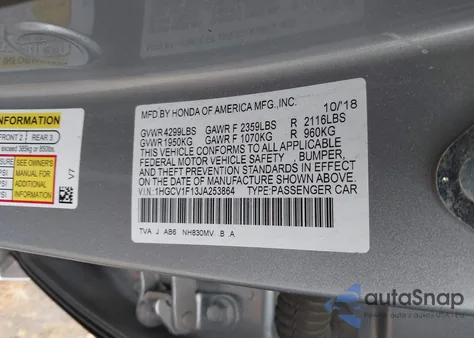2018 Honda Accord Lx z USA, uszkodzony, nr VIN 1HGCV1F13JA253864